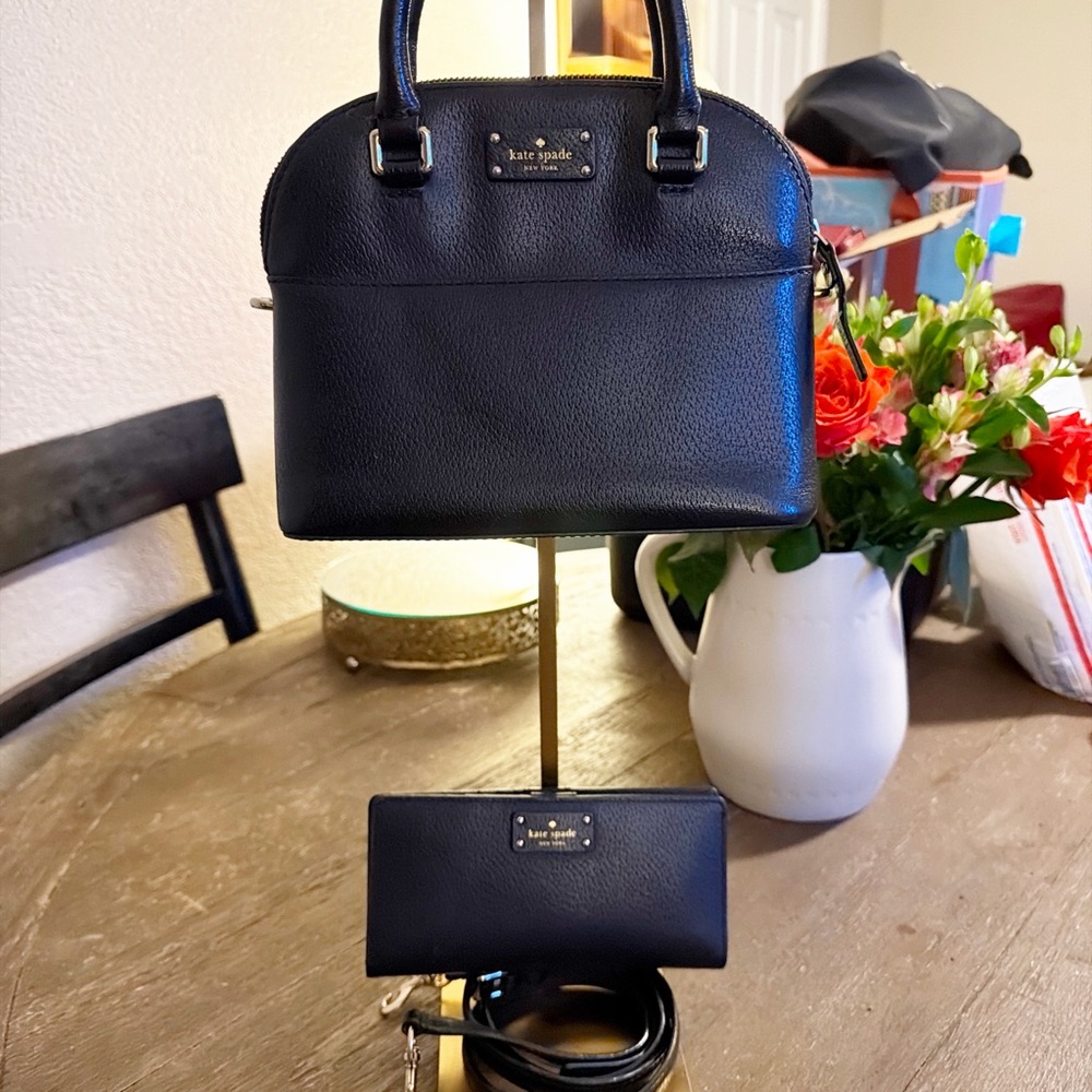 Kate Spade Black Leather Satchel Crossbody Bag + Matching Wallet Set - Picture 2 of 8